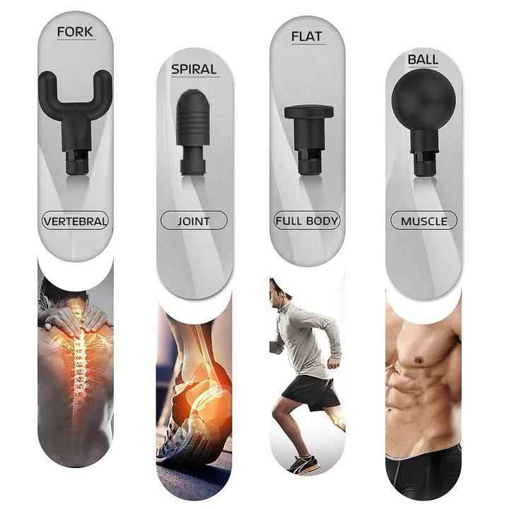 Massage gun attachment set: fork, spiral, flat, and ball heads