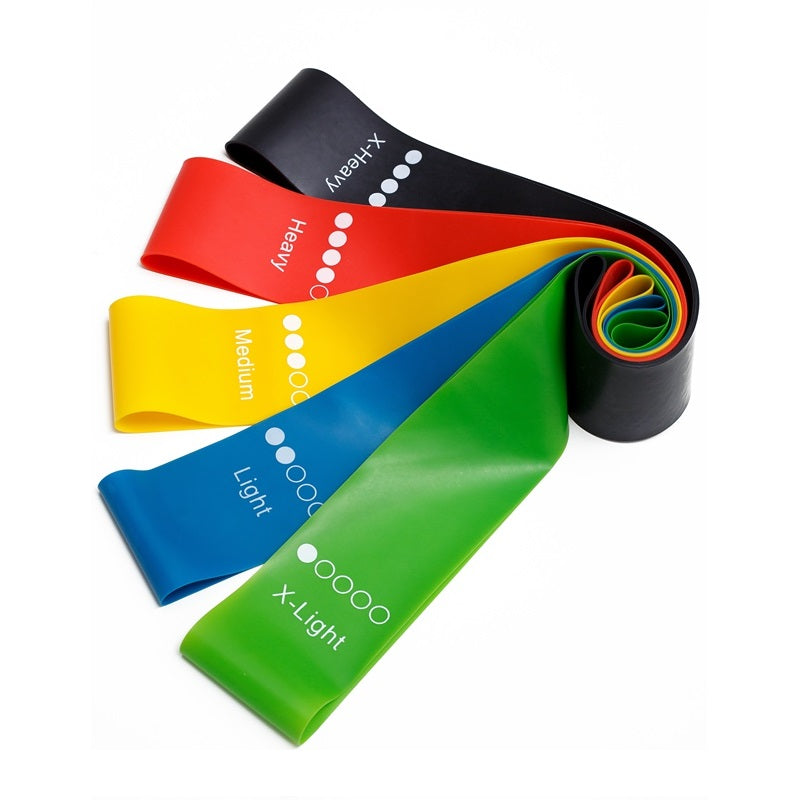 Rolled resistance band set with red, yellow, blue, green, and black bands