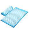 Blue acupressure yoga mat and massage cushion set with white circular spike pads