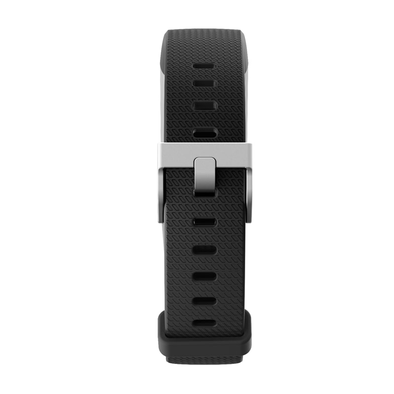 Black textured fitness watch band with metal clasp and strap holes