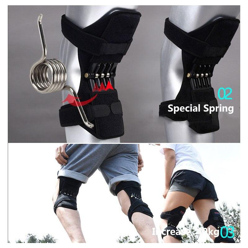 Black knee support pads on a mannequin with visible spring rods and padded straps