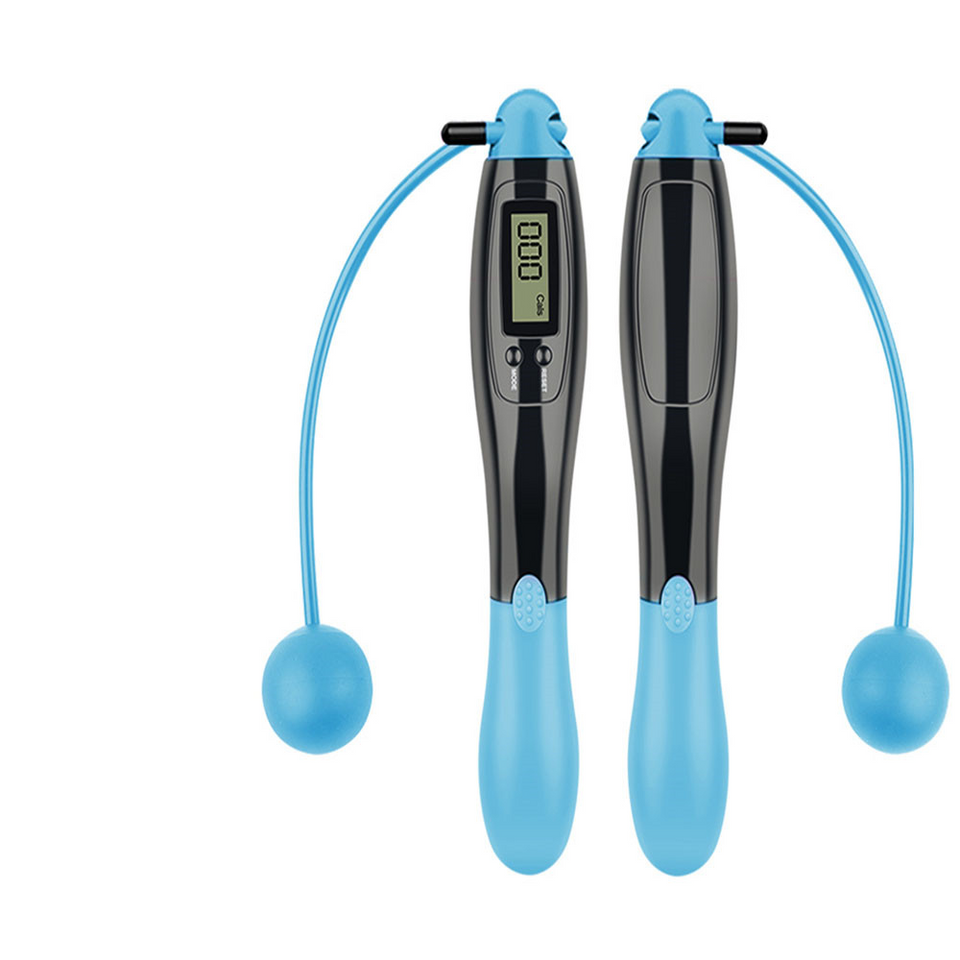Cordless digital jump rope pair, black handles with light blue grips and ball ends