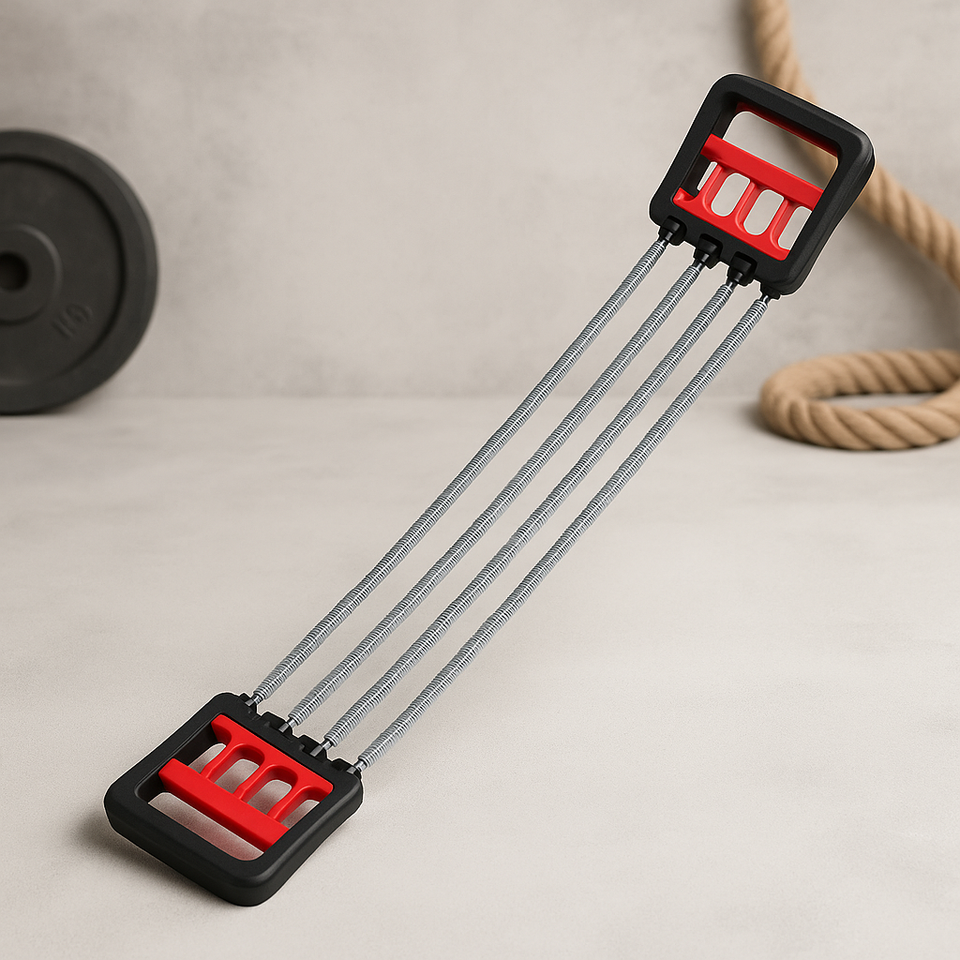 Adjustable chest expander with red-and-black handles and 4 steel cables