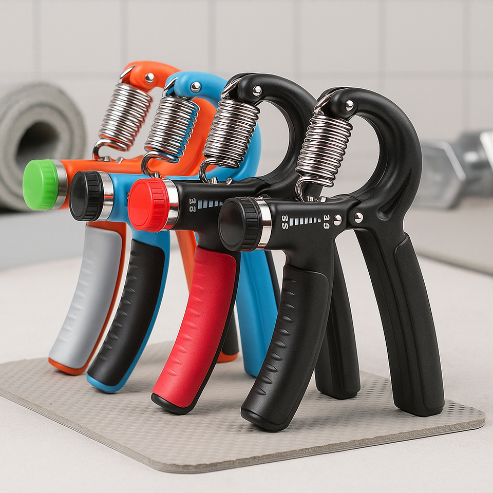 Adjustable hand gripper tool set with spring handles in black, blue, orange, and red