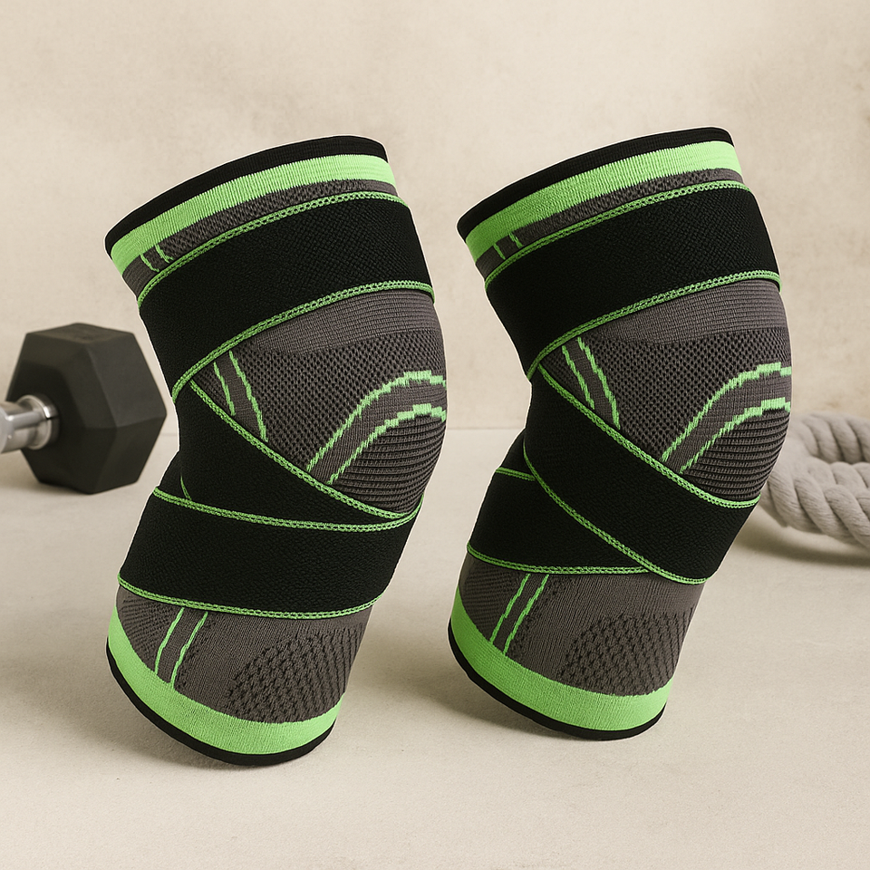 Adjustable knee compression sleeve, black with neon green trim and pad panels