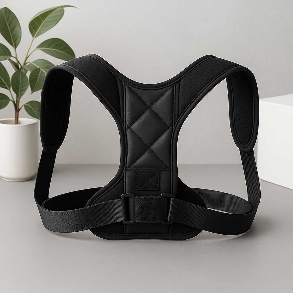 Black adjustable back posture corrector belt with Y-strap harness and front buckle