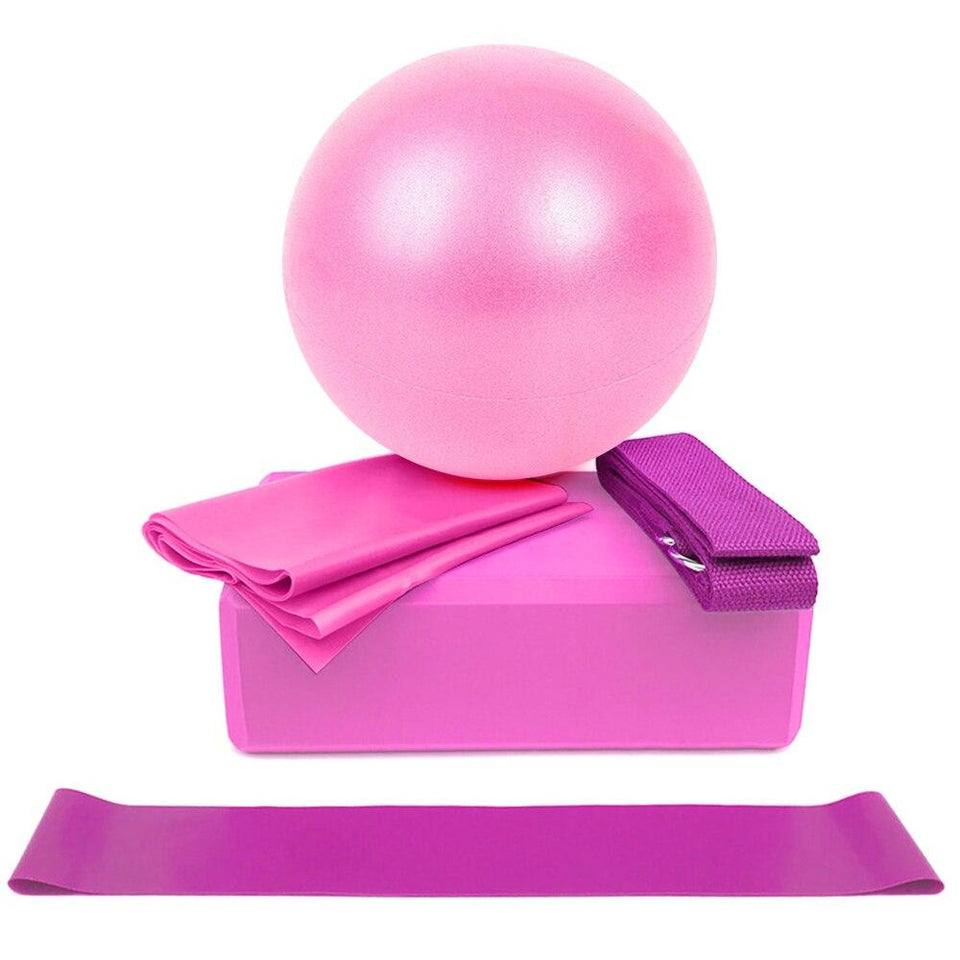 Yoga ball and block set with strap and band, pink ball with matching pink blocks