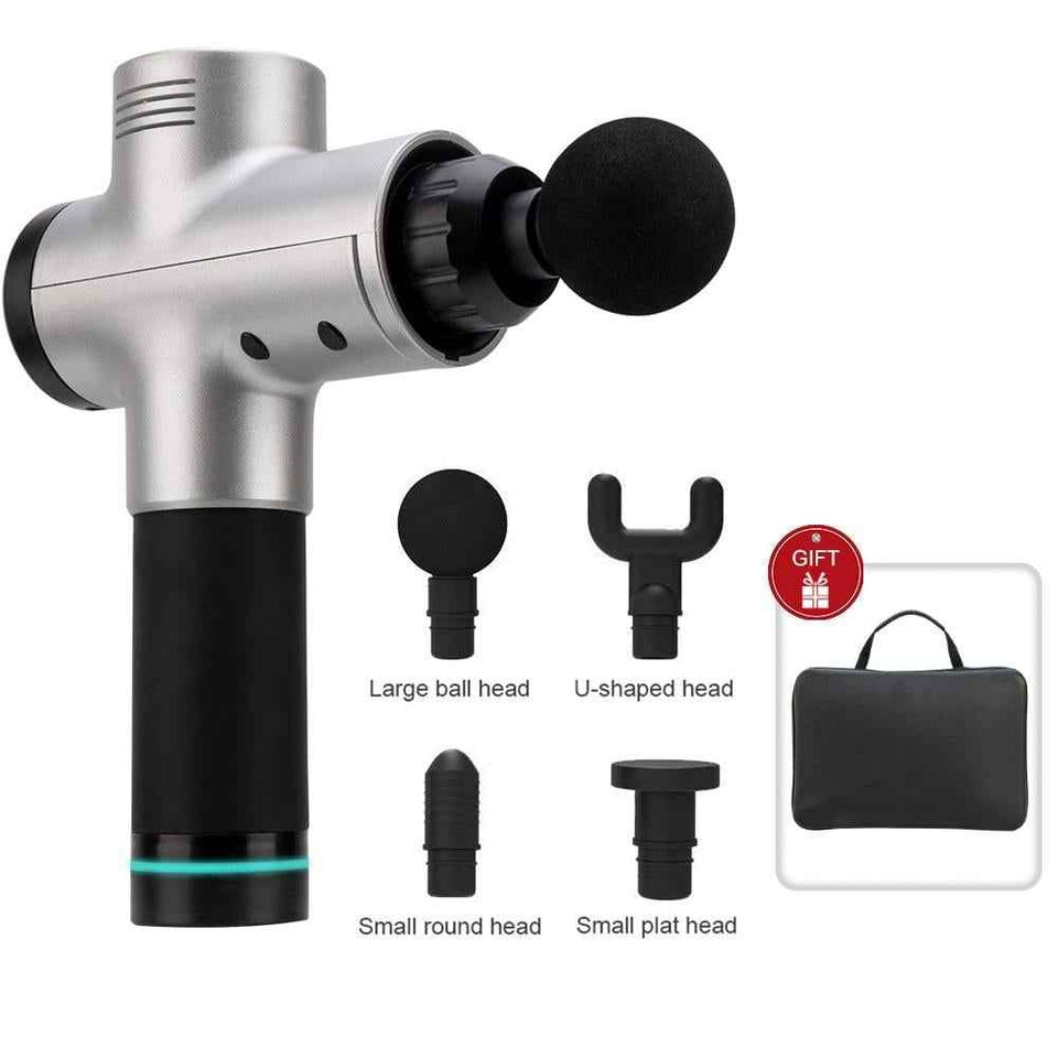 Silver massage gun with round head, U-shaped head, and small accessory heads