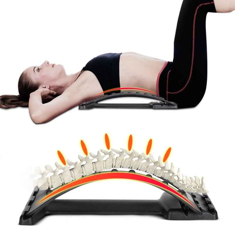 Back pain relief massage stretcher with curved arc frame and red trim