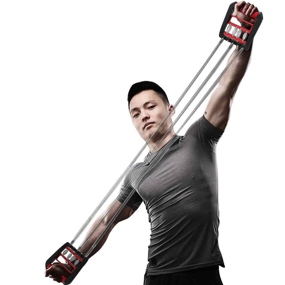 Adjustable chest expander with red-and-black grippers and 4 steel cables overhead