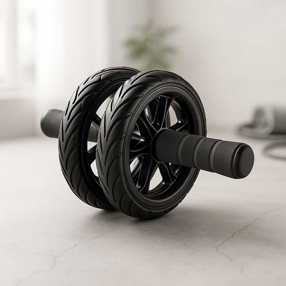 Double-wheel ab roller trainer with black ribbed wheels and foam handles