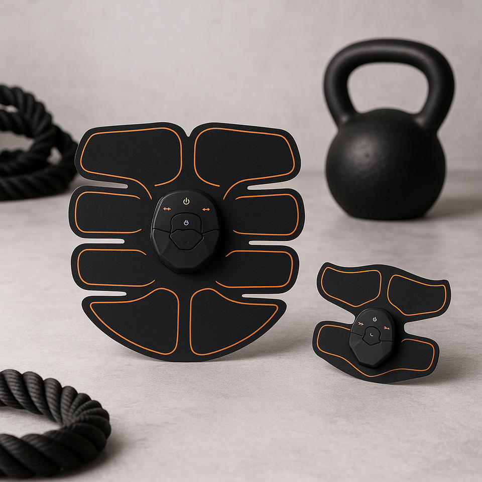 Abdominal muscle stimulator pad set with central controller, black with orange trim
