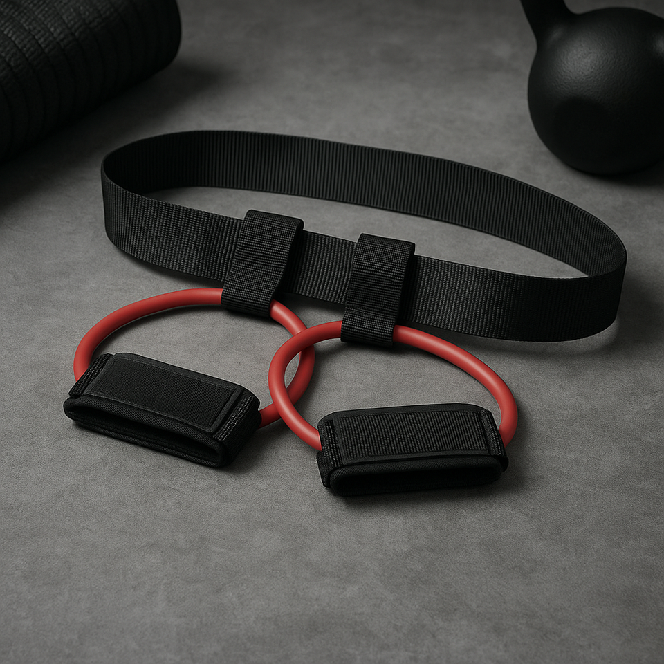 Booty resistance band set components: black belt and red elastic loop with ankle straps