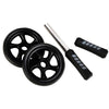 Ab roller trainer parts: two black wheels and two foam handle grips