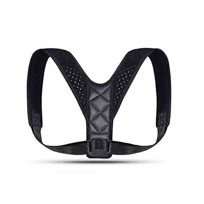 Black adjustable posture corrector belt, padded V-back harness with front clasp