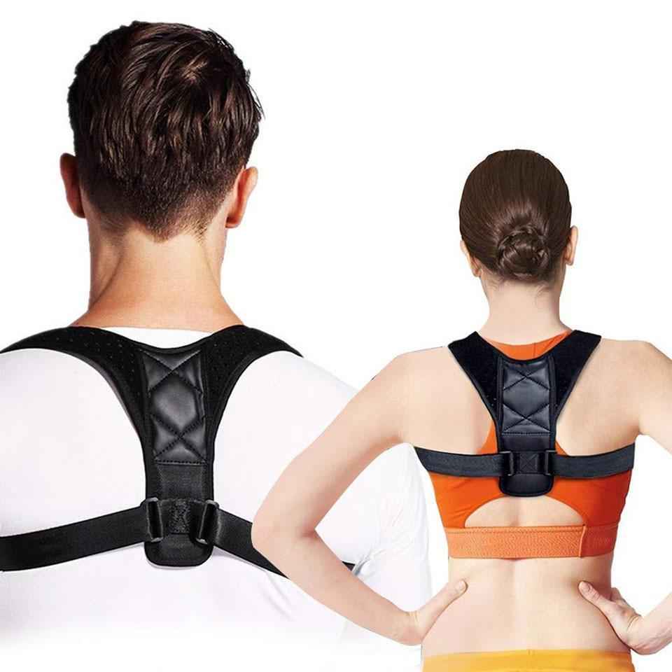 Posture corrector belt with black padded back panel and orange accent straps