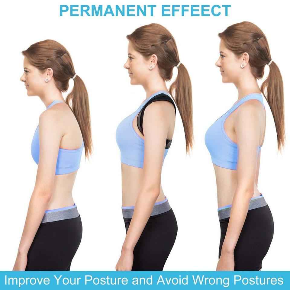 Posture corrector belt with black padded back panel and adjustable shoulder straps