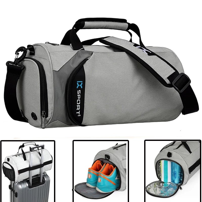 Light gray gym & travel duffel bag with black accents and side panel zipper pocket, X sport.