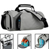 Light gray gym & travel duffel bag with black accents and side panel zipper pocket, X sport.