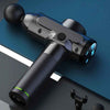 Black massage gun with spherical attachment and visible control buttons