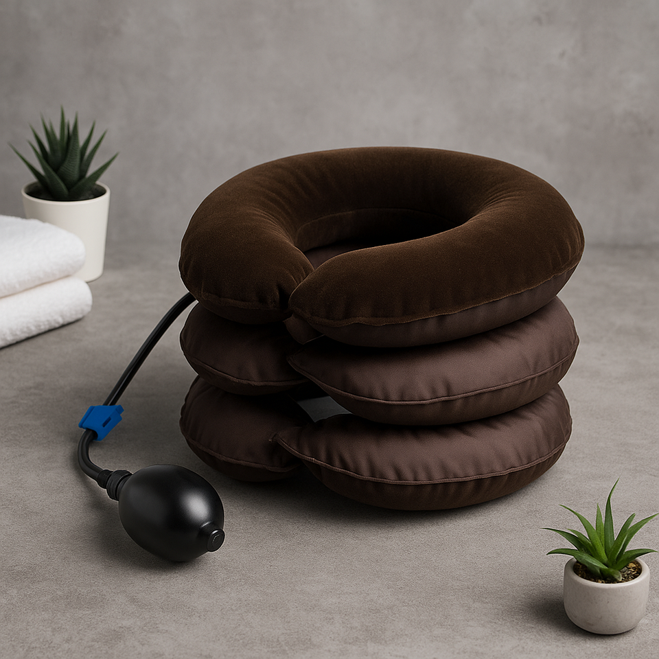 Brown neck traction pillow with black air bulb pump and blue connector cord