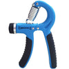 Adjustable hand gripper tool in blue with black grip pads and spring