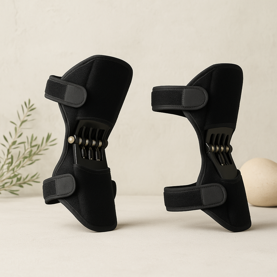 Black knee support pads with adjustable straps and spring mechanisms, set of two