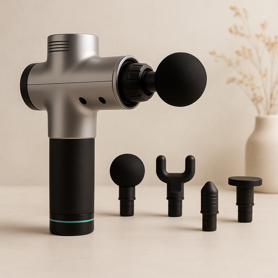 Silver massage gun with black grip and round head, plus attachment set