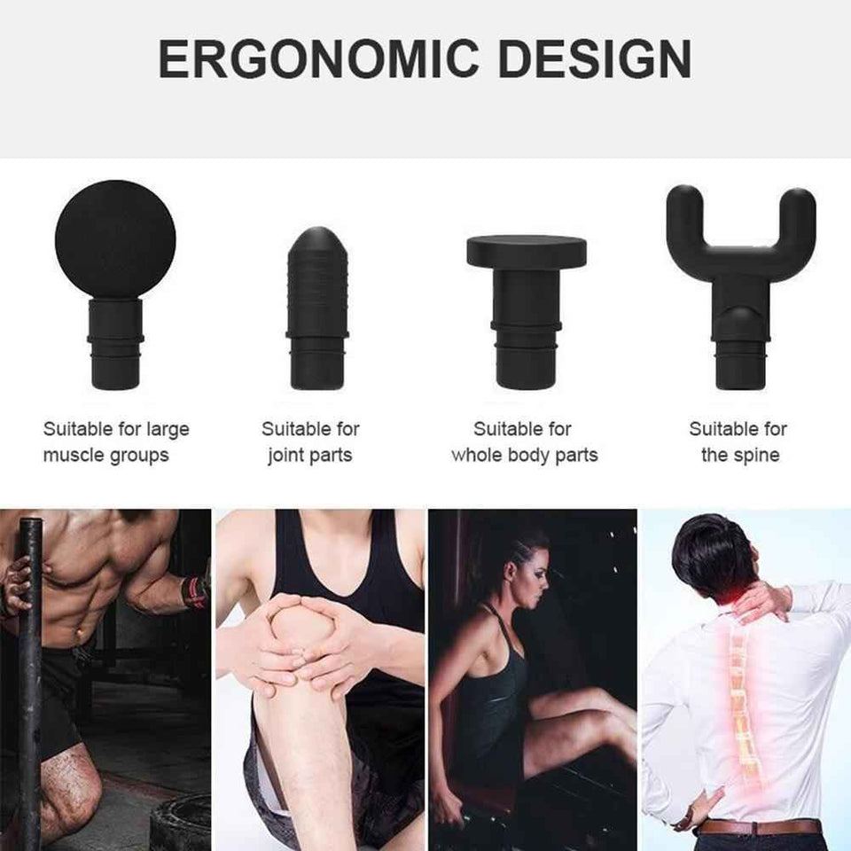 Ergonomic massage gun head set: ball, fork, flat, and U-shaped tips