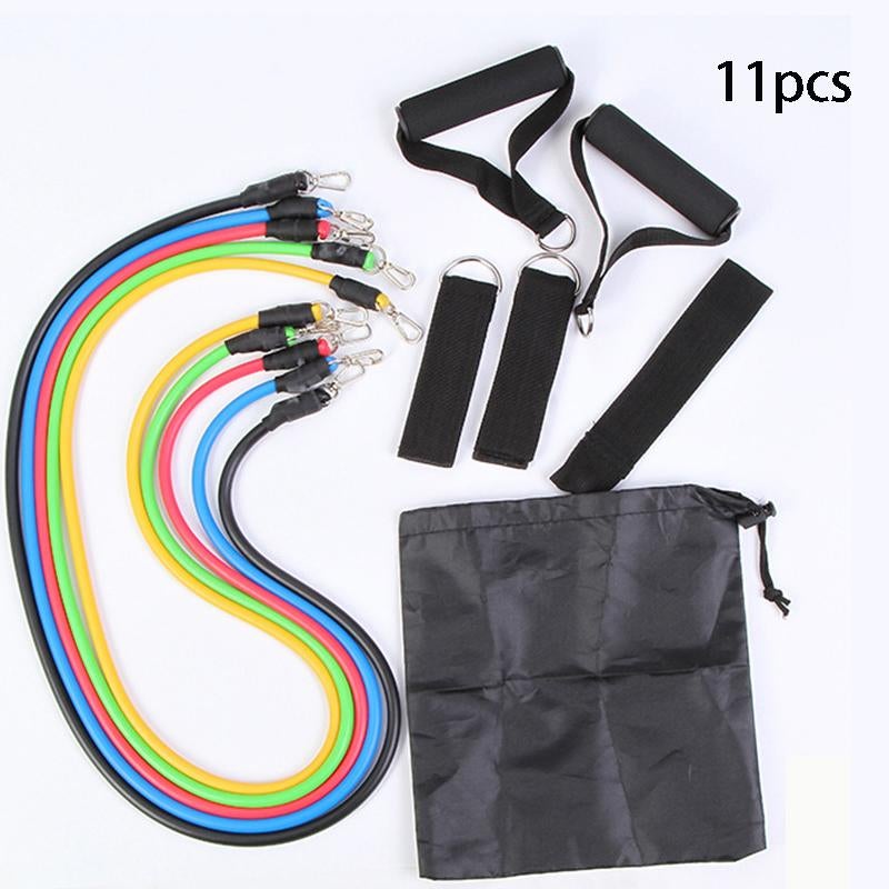 Resistance band set with rainbow loop bands, black straps, resistance bars, and storage bag
