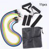 Resistance band set with rainbow loop bands, black straps, resistance bars, and storage bag