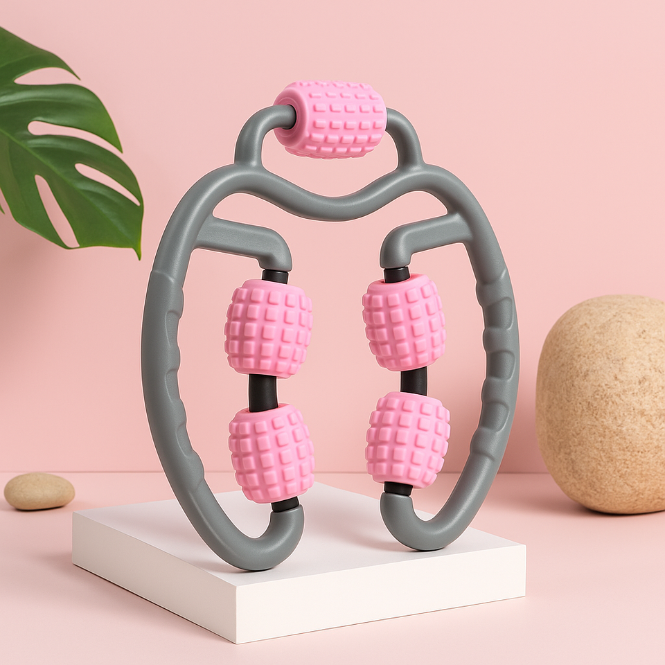 U-shaped 360° massage roller with pink textured wheels on dark gray handles