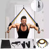 Resistance band set with long color bands, attachment hooks, and included accessory bag