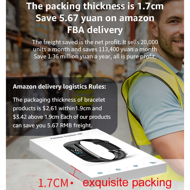 Smart fitness watch shown in retail box with black strap and display