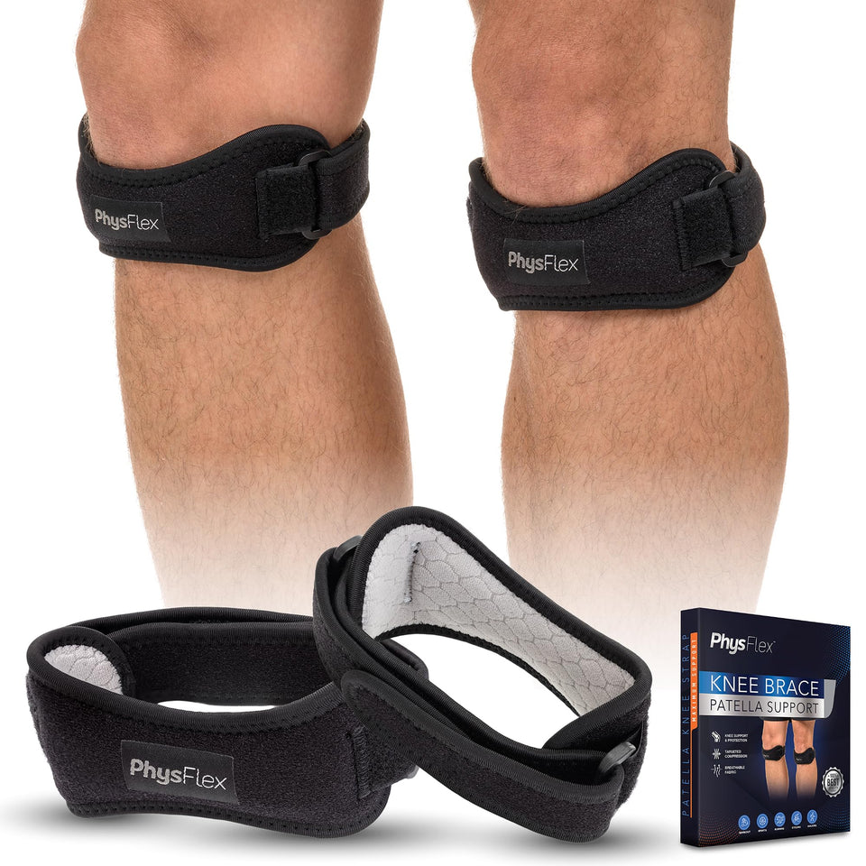 Adjustable knee support brace with patella protector, black wrap and Velcro straps