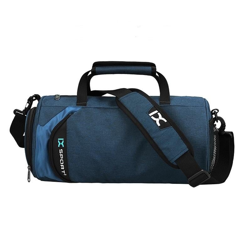 Blue gym & travel duffel bag with black shoulder strap and front vertical X sport logo.