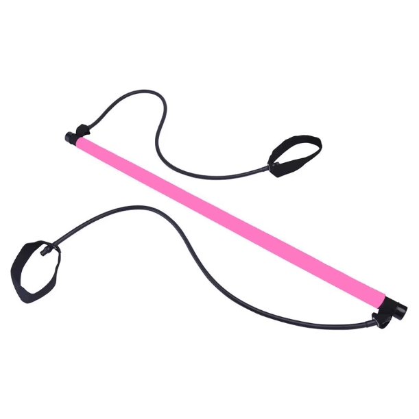 Pilates squat resistance bar with bands, pink bar with black elastic loops