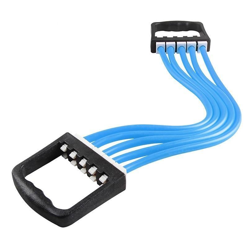 Adjustable chest expander with black base and 4 blue resistance bands