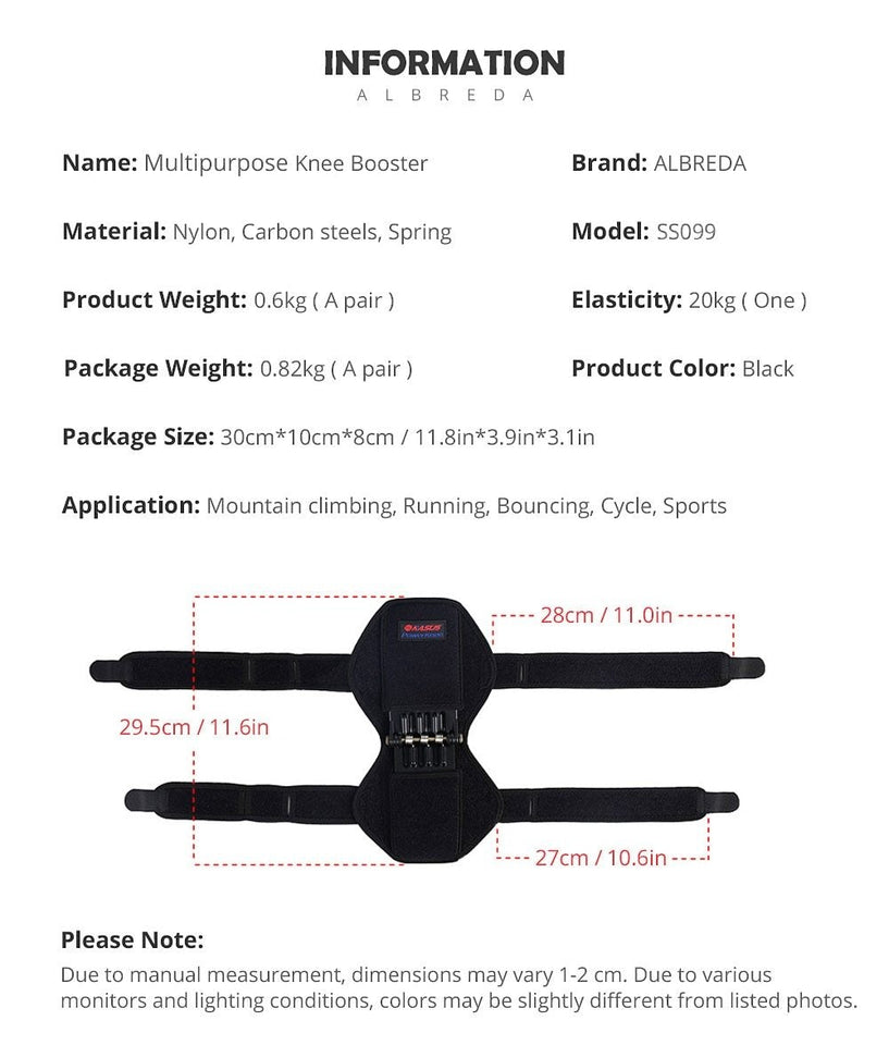 Pair of black knee booster pads with long straps and spring core, measured