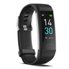 Black silicone fitness smartwatch with black display and blue time 14:30