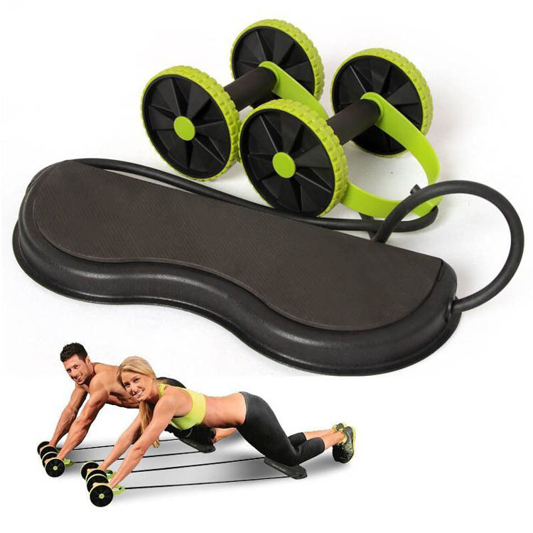 Green ab roller wheel with four black wheels and padded base, workout tool