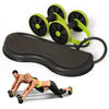 Green ab roller wheel with four black wheels and padded base, workout tool