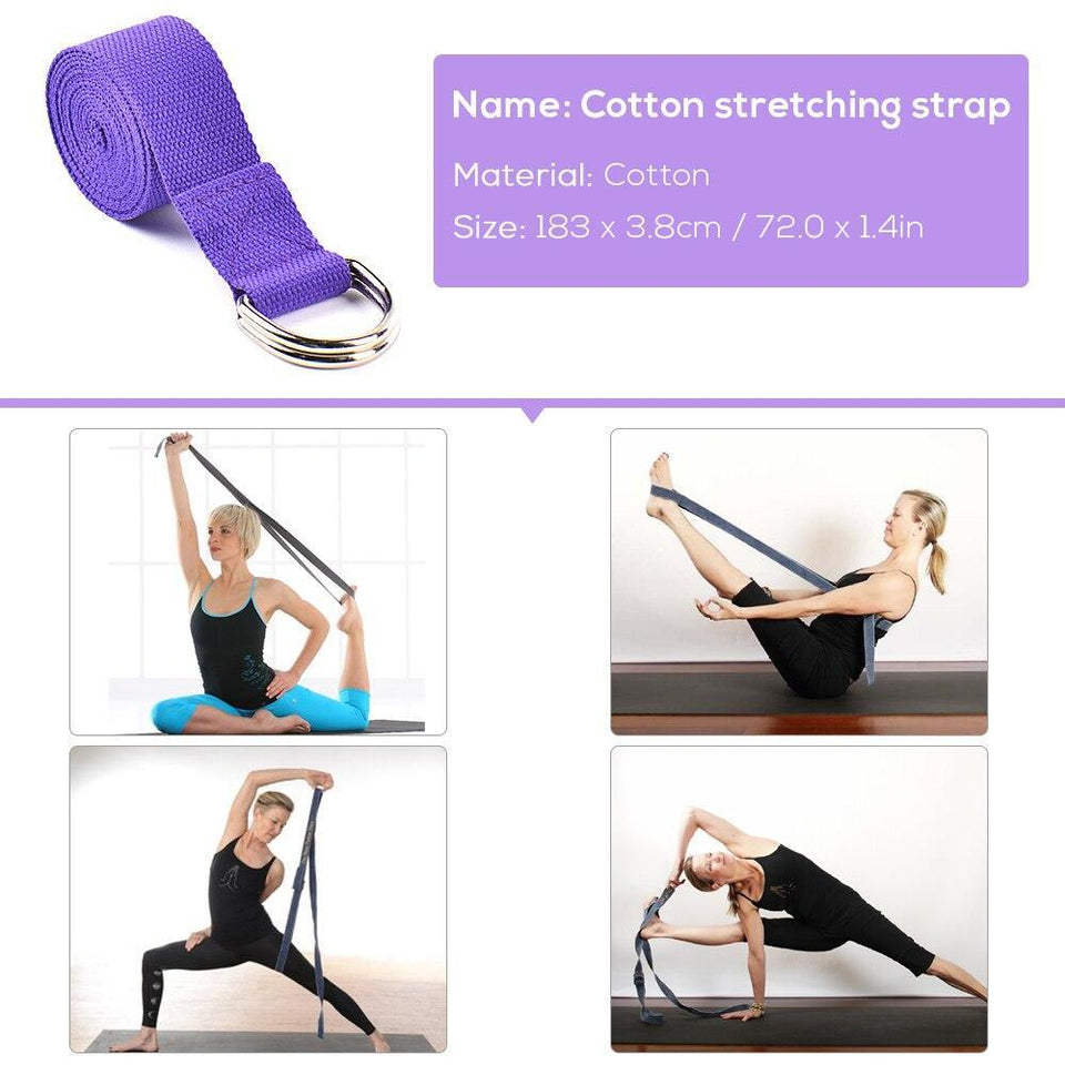 Cotton stretching strap with metal rings, purple, for yoga stretching exercises