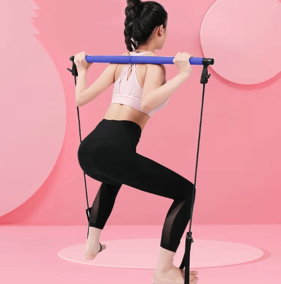 Pilates squat resistance bar with bands, blue bar and black leg straps