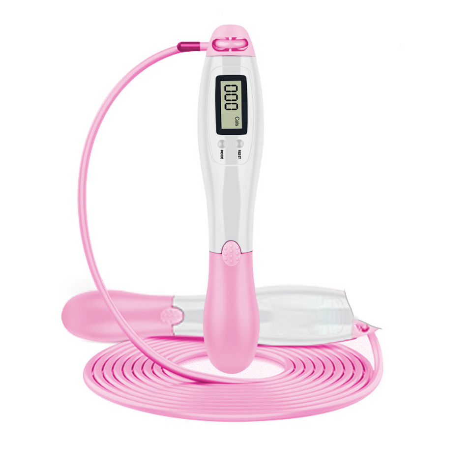 Cordless digital jump rope handle with clear white body, pink bottom, and pink rope