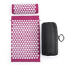 Acupressure yoga mat and massage cushion set in magenta with white button pads and carry bag