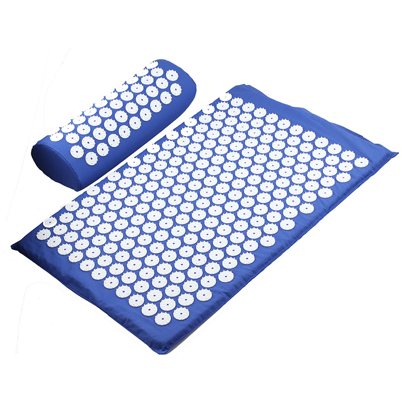 Acupressure yoga mat and massage cushion set in blue with white button pads