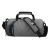 Gray gym & travel duffel bag with black shoulder strap and front zipper pocket, X sport logo.