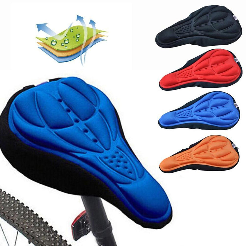 Bike seat cushion cover set in blue, black, red, and orange with gel-textured tops