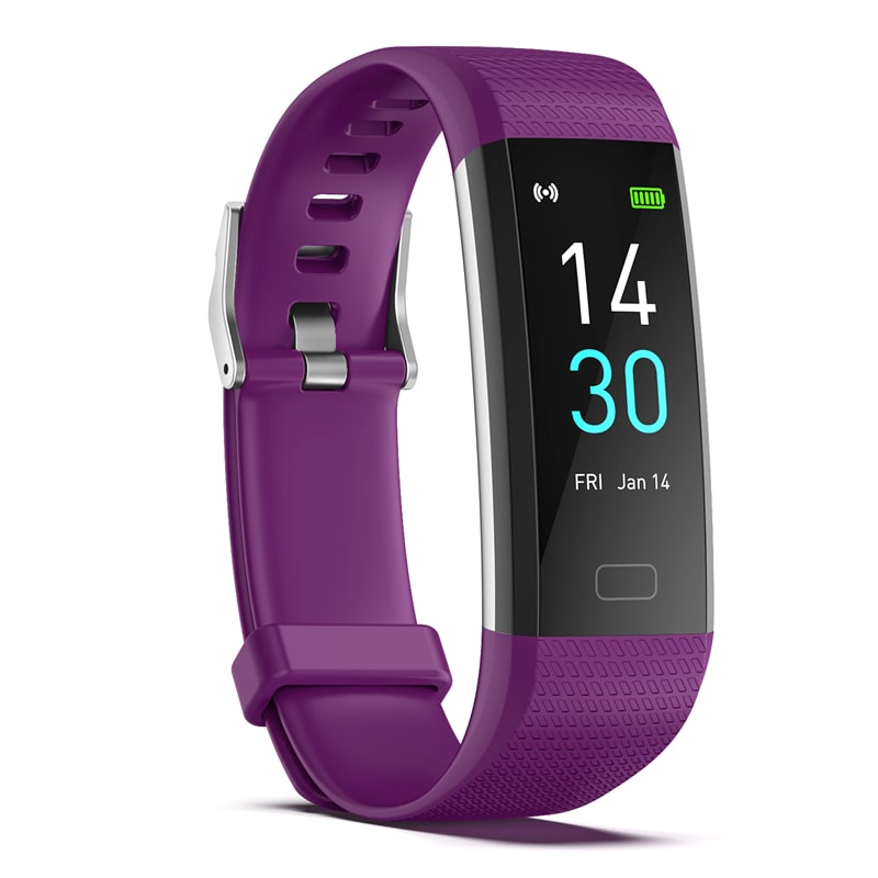 Purple silicone fitness smartwatch with black display and blue time 14:30